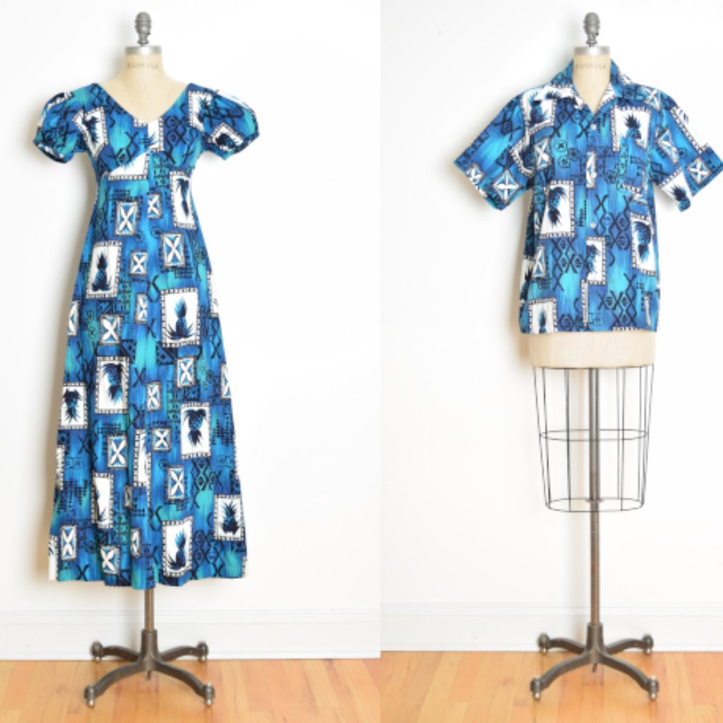 Vintage 60s Honeymoon Set Matching Dress Shirt Hawaiian Print Hukilau Blue Xs M